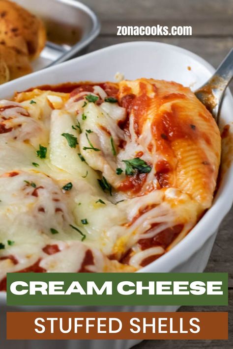 These Cream Cheese Stuffed Shells have jumbo pasta shells filled with a creamy, cheesy mixture of chives or green onions, topped with spaghetti sauce and gooey cheese, and garnished with fresh parsley or fresh basil. This easy recipe uses just 6 ingredients and makes a great side dish or meatless main dish for lunch or dinner for two. This comfort food is great served with a side of garlic bread. Stuffed Jumbo Pasta Shells Cream Cheese, Stuffed Shells With Cream Cheese Recipe, Meatless Stuffed Shells, Stuffed Shells Cream Cheese, Chive And Onion Cream Cheese Recipes, Stuffed Shells With Cream Cheese, Cream Cheese Stuffed Shells, Stuffed Shells Vegetarian, Pasta Side Dishes Easy