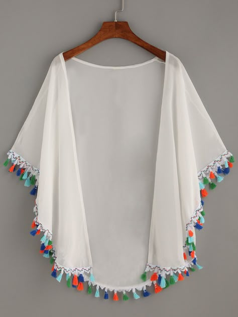 Shop White Tassel Trimmed Chiffon Top online. SheIn offers White Tassel Trimmed Chiffon Top & more to fit your fashionable needs. Kimono Online, Mode Tips, Mode Kimono, Chiffon Kimono, White Tassel, Pom Poms, Fashion Tops, Stylish Dresses, Teen Fashion