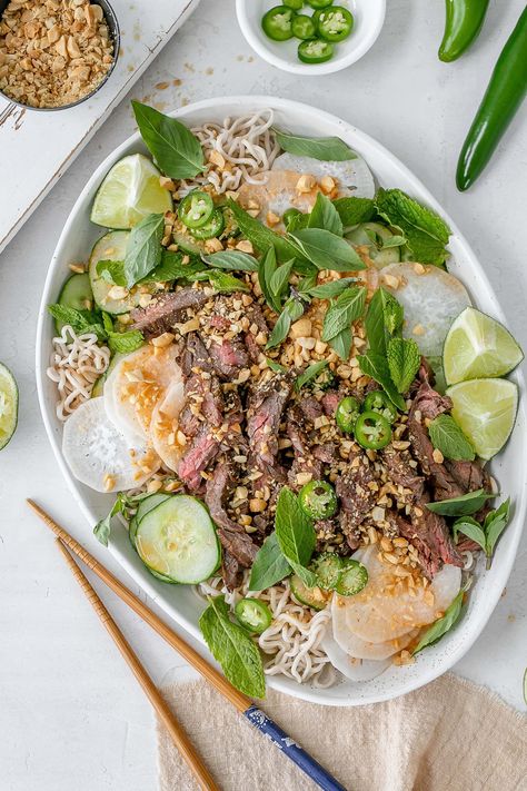 Thai Beef Noodle Salad, Napa Cabbage Slaw, Noodle Salad Cold, Thai Beef, Sambal Oelek, Sliced Steak, Noodle Salad, Beef And Noodles, Skirt Steak