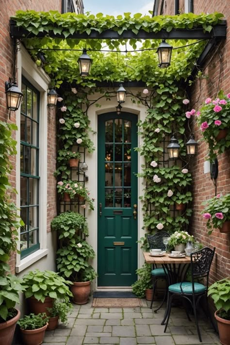 20 Perfect Tiny Patio Ideas For Townhouses - Toolz Geek Outdoor Small Courtyard Ideas, Terrace House Yard Ideas, Small Courtyard Ideas Entrance, Cafe Entrance Design, Tiny Porch Ideas, Tiny Front Garden Ideas, Tiny Courtyard Ideas, Tiny Front Yard, Small Terrace Ideas