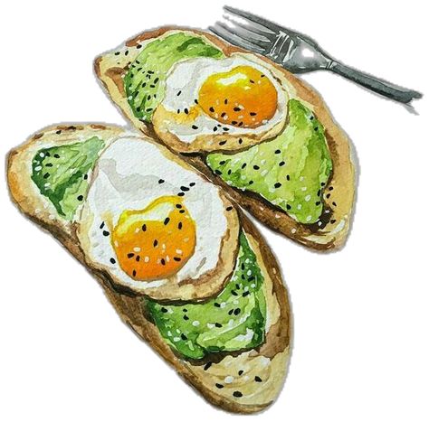 Egg Toast Drawing, Avocado Toast Illustration, Avocado Toast Drawing, Toast Watercolor, Mashed Avocado Toast, Sugar Drawing, Breakfast Watercolor, Toast Illustration, Sandwich Drawing