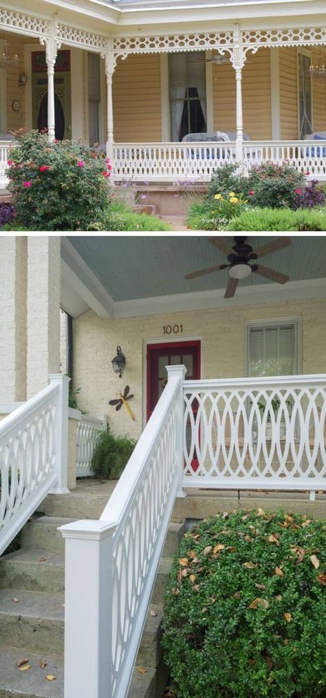 30+ Cheap and Simple DIY Porch Railing Ideas & Designs For 2021 Raised Ranch Porch Ideas, Diy Front Porch Railing Ideas Cheap, Porch Rails Ideas, Small Front Porch Ideas With Railing, Front Porch Banister Ideas, Porch Banister Ideas Wood, Updated Porch Railing, Cottage Porch Railing, Porch Rail Ideas