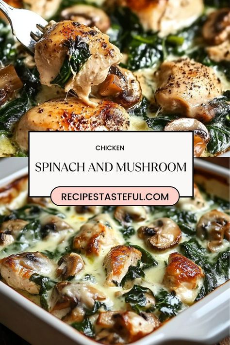 A healthy, low-carb baked dish with tender chicken, sautéed spinach, and earthy mushrooms. Perfectly seasoned and baked to perfection—this one-pan meal is a delicious, nutritious option for busy weeknights! Chicken Potatoes And Spinach Recipes, Chicken Spinach And Mushrooms Low Carb, Chicken Spinach Mushroom Low Carb Oven Dish, Chicken Spinach And Mushroom Bake, Chicken Spinach Mushroom Low Carb Dish, Chicken Mushroom Cream Cheese Recipes, Chicken Spinach Mushroom Bake, Chicken And Spinach Dishes, Low Carb Oven Meals