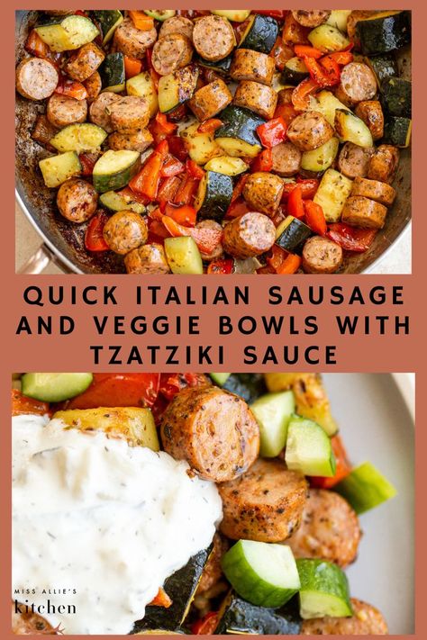 Top photo: sausage and veggies in a pan
Bottom photo: Sausage and veggies plated and topped with tzatziki sauce Low Cal Sausage Recipes, Sausage Bowls Recipe, Low Calorie Sausage Recipes, High Protein Sausage Recipes, Mediterranean Sausage Recipes, High Protein Italian Recipes, Low Carb Italian Sausage Recipes, Italian Sausage Recipes Healthy, Italian Sausage Recipes Easy