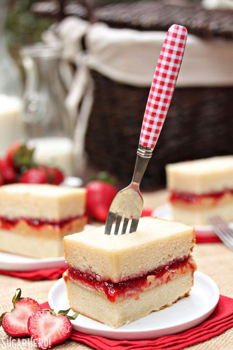 Peanut Butter and Jelly Sandwich Cake | From SugarHero.com Pbj Cake, Pb J Sandwiches Ideas Party, Peanut Butter Jelly Sandwich Ideas, Pb&j Cake, Peanut Butter And Jelly Sandwich Ideas, Peanut Butter And Jam Sandwich, Cute Peanut Butter And Jelly Sandwiches, Peanut Butter Jelly Recipes, Cake Sandwiches