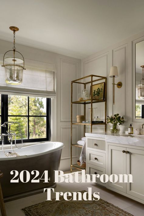 A Guide to the Hottest Bathroom Trends of 2024 Mcgee Bathroom, Studio Mcgee Bathroom, Modern Bathroom Trends, Bathroom Dream, Vintage Style Rugs, Powder Room Makeover, Transitional Furniture, Shaker Style Doors, Trends For 2024