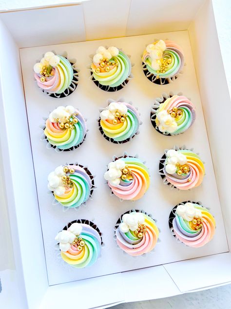 Cloud 9 Birthday Party Cupcakes, Colourful Birthday Cupcakes, Rainbow Cupcakes Pastel, Cloud 9 Birthday Cupcakes, Rainbow Cake And Cupcakes, Mini Rainbow Cupcakes, Pastel Rainbow Cupcakes Ideas, Rainbow Sprinkle Cupcakes, Cloud Cupcakes Ideas