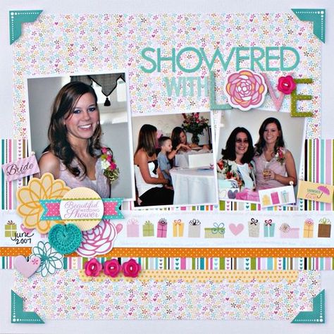 Showered with Love by Jenny Evans - Scrapbook.com Baby Shower Scrapbook, Wedding Scrapbook Layouts, Pregnancy Scrapbook, Wedding Scrapbook Ideas, Baby Scrapbook Layouts, Baby Scrapbook Ideas, Bridal Shower Scrapbook, Showered With Love, Wedding Scrapbook Pages