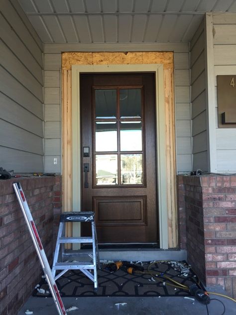 Craftsman Style Front Doors, Craftsman Exterior Door, Front Door Sidelights, Front Door Transformation, Blue Interior Doors, Craftsman Front Door, Front Door Molding, Exterior Door Frame, Exterior Door Trim