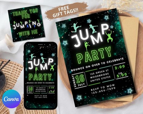 Trampoline Park Party, Trampoline Park Birthday Party, Jump Birthday Party, Jump Party Invitations, Trampoline Birthday Party, Trampoline Party, Birthday Party At Park, Jump Party, Invite Design