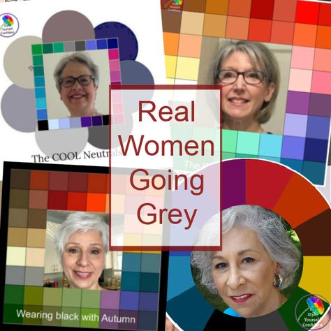 Real women share going grey photos #realwomengoinggrey #goinggrey https://www.style-yourself-confident.com/real-women-going-grey.html Soft Autumn Gray Hair, Soft Autumn Grey Hair, Colors To Wear With Grey Hair, Warm Grey Hair, Grey Hair For Warm Skin Tones, Red Hair Going Grey, Greying Hair, Summer Skin Tone, Grey Photos