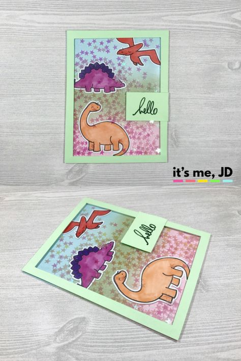 lawn fawn dinosaur shaker card, animals, kid card Dinosaur Stamps, Make A Dinosaur, Card Making Videos, A Dinosaur, Prehistoric Creatures, Card Making Tutorials, Shaker Cards, Card Making Techniques, Lawn Fawn