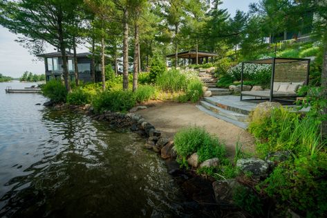 Lake Shore Landscaping Ideas, Muskoka Landscaping, Lake Front Landscaping, Lakefront Landscaping Ideas, Riverfront Landscape, River Landscaping, Lakefront Landscaping, Lake Landscape Design, Lake Deck