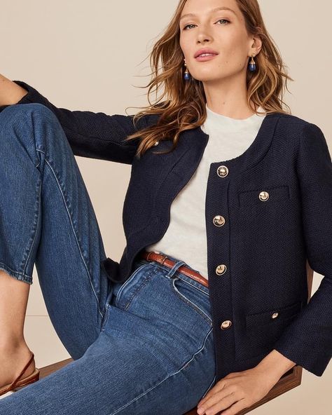 Navy Tweed Jacket Outfit, Tweed Blazer Outfit Women, Navy Jacket Outfit, Ann Taylor Outfit, Cropped Jacket Outfit, Tweed Jacket Outfit, Blue Tweed Jacket, Blazer Outfits Casual, Blazer Outfits For Women