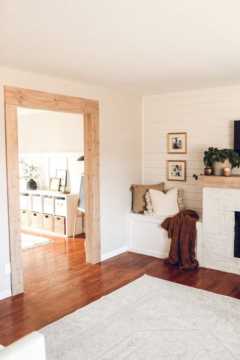 DIY Exposed Wood Doorway | Full Hearted Home Wood Frame Around Doorway, Decorative Door Frame, Beam Framed Doorway, Framing Arched Doorway, Wood Frame Doorway, Wood Trim Doorway, Wood Beam Doorway, Door Frame Ideas, Beam Doorway