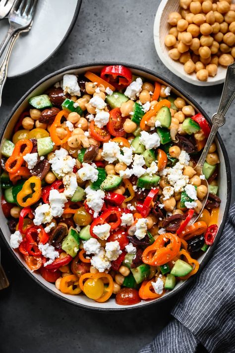 Vegetable Rich Dinners, Recipes Chickpeas, Chickpea Salad Vegan, Homemade Greek Dressing, Greek Chickpea Salad, Vegan Feta, Crowded Kitchen, Greek Chickpeas, Greek Dressing