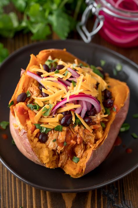 Leftover Salsa, Cheesy Salsa Chicken, Tasty Tacos Recipe, Stuffed Sweet Potato, Carrot Slaw, Stuffed Sweet Potatoes, Black Bean Tacos, Mild Salsa, Breakfast Burger