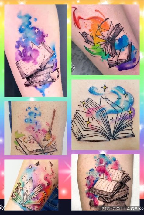 Watercolour Book Tattoo, Watercolor Book Tattoo Ideas, Book Watercolor Tattoo, Colorful Book Tattoos, Watercolor Book Tattoo, Tattoos For Readers, Color Tattoo Ideas, Book Inspired Tattoos, Book Lover Tattoo