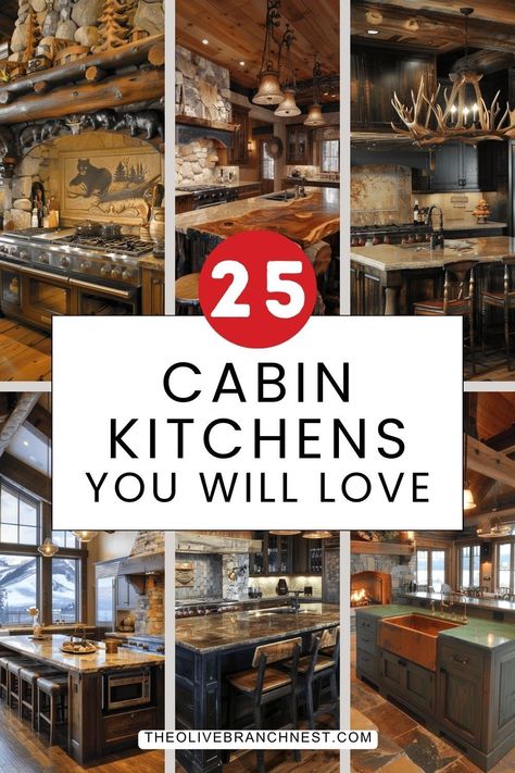 Discover the perfect blend of rustic charm and modern elegance with our cabin kitchen ideas. Whether you're dreaming of a cozy nook in a small log cabin or envisioning a spacious  retreat, we've got you covered. From remodels that retain a hint of the wilderness to traditional designs featuring black bears and other thematic elements. Get inspired by unique backsplash options that perfectly complement the rustic ambiance of cabin living. Hickory Kitchen Cabinets In Log Home, Backsplash Log Cabin Kitchen, Log Home Kitchen Countertops, Cabin Style Kitchen Ideas, Log Cabin Kitchen Ideas Rustic, Pine Kitchen Ideas, Log Cabin Kitchen Cabinets, Lodge Kitchen Ideas Rustic, Simple Cabin Kitchen