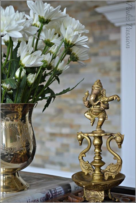 Indian home décor, brass collectibles, Ganesha Indian Inspired Decor, Today I Feel, Treat Myself, Indian Theme, Until We Meet Again, India Home Decor, Indian Interiors, Favourite Flowers, Flowers Home