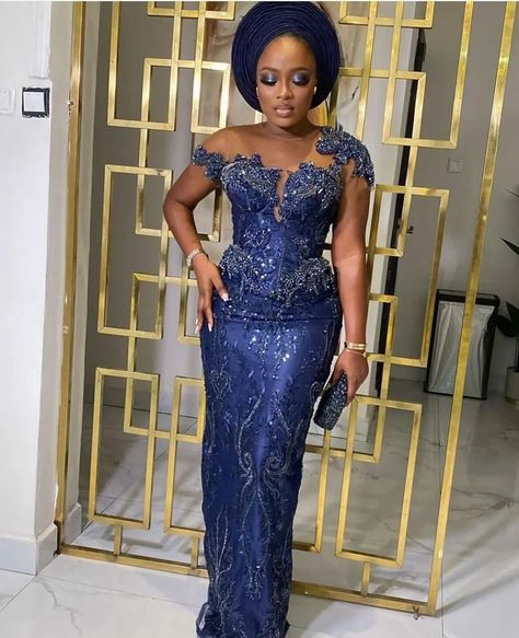 10 Breathtaking Asoebi Ideas for a Show-Stopping Entrance to Any Occasion!" Asoebi Lace Styles For Wedding, Blue Asoebi, 50th Birthday Table, 50th Birthday Table Decorations, Lace Gown Styles Nigerian, Lace Asoebi Styles, Asoebi Lace Styles, Black Lace Dresses, Owambe Styles