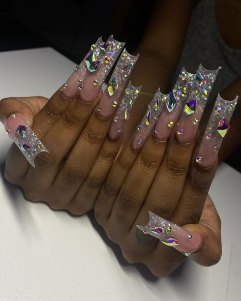 Blinged out for her birthday💎✨ . . . Dm to book!💖 @nailed.byjennie #longnails #ombrenails #glitterombrenails #glitternails #blingnails #nailsofinstagram #fresnonails #fresnonailtech #explorepage Birthday Bling Nail Set, Bling Bday Nails, Birthday Nails Colorful, Extra Baddie Nails Long, Bougie Nails Acrylic, Birthday Long Nails, Birthday Nails Stiletto Long, Prom Nails Long, Birthday Nails Long Bling