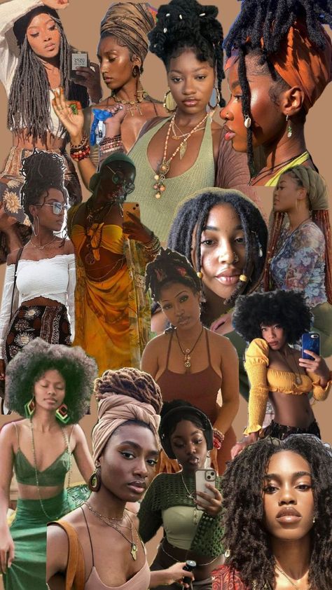 Eatrhy Girl, Garota da Terra, Estética negra Earth Boho Aesthetic, Earthy Girls Aesthetics, Black Woman Earthy Outfits, Earthy 90s Fashion, Earth Black Women, Boho Black Women Aesthetic, Faux Loc Hairstyles, Earthy Black Woman Aesthetic, Black Earthy Girl