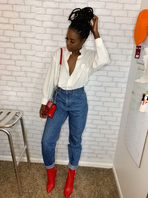 Outfit With Red Boots, Red Boot Heels Outfit, White Ankle Boots Red Dress, Casual Red Heeled Boots With Pointed Toe, Chic Red Pointed Toe Heeled Boots, Red Booties Outfit, Red Purse Outfit, Red Button-up Winter Sweater, Red Heels Outfit