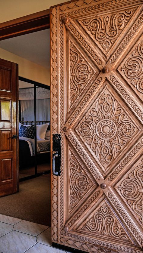 Old California Catalina — Kathy Ann Abell Interiors Wood Cnc Design, Unique Door Design, Cnc Door, Old California, Halloween Front Door Decorations, Modern Interior Door, Carved Door, Front Door Design Wood, Doors Interior Modern