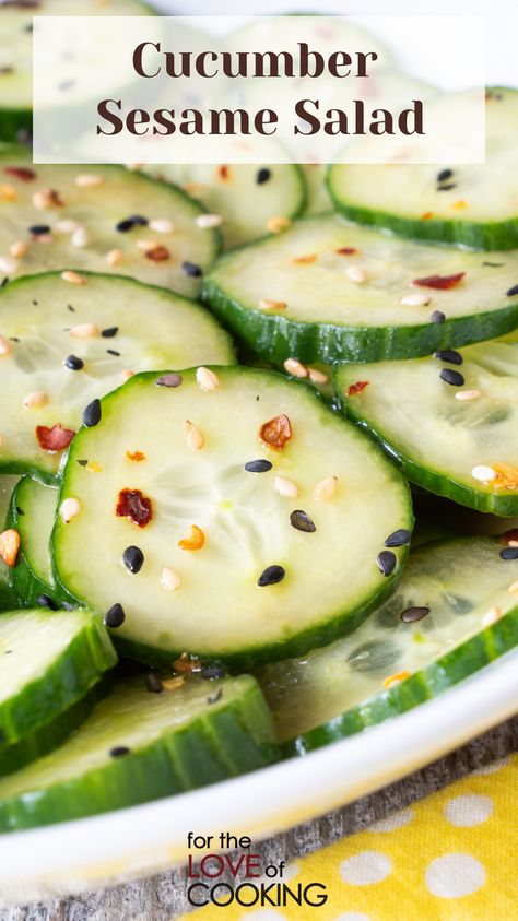 Thinly sliced cucumber, tossed in a tangy toasted sesame dressing and topped with sesame seeds and chili flakes. #recipe #asiansalad #cucumber #cucumbersalad #vegetarianrecipes #quickrecipes #easyrecipes Cucmber Salad, Toasted Sesame Dressing, Sesame Seeds Recipes, Sesame Salad, Cycling Food, Chocolate Snack Cake, Sliced Cucumber, Sesame Dressing, Cucumber Recipes