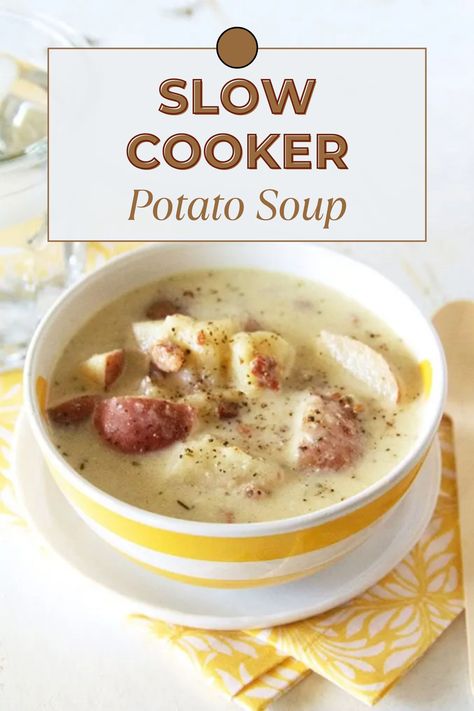 Make our beloved Slow Cooker Potato Soup Recipe, a family favorite. This Crockpot Potato Soup features ingredients like potatoes, chicken broth, garlic, dry ranch dressing, dried parsley, real bacon bits, cheddar cheese, and sour cream. Pure yumminess awaits! || cookingwithruthie.com #comfortsoup #potatolove #crockpotcooking #souptime Red Potato Soup, Slow Cooker Potato, Crockpot Potato, Potatoes Chicken, Slow Cooker Potato Soup, Slow Cooker Potatoes, Red Potato, Dried Parsley, Crock Pot Soup