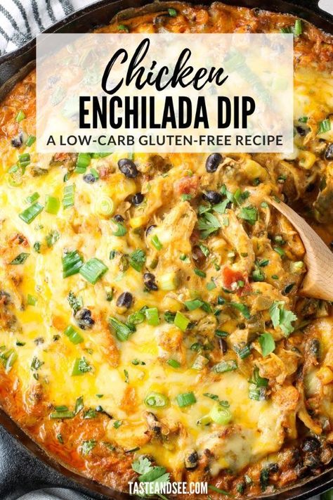 Enchilada Dip, Chicken Enchilada Dip, Chicken Cream Cheese, One Pot Wonder, Cream Cheese Corn, Mexican Shredded Chicken, Cheesy Appetizer, Chicken Dip Recipe, Mexican Appetizers