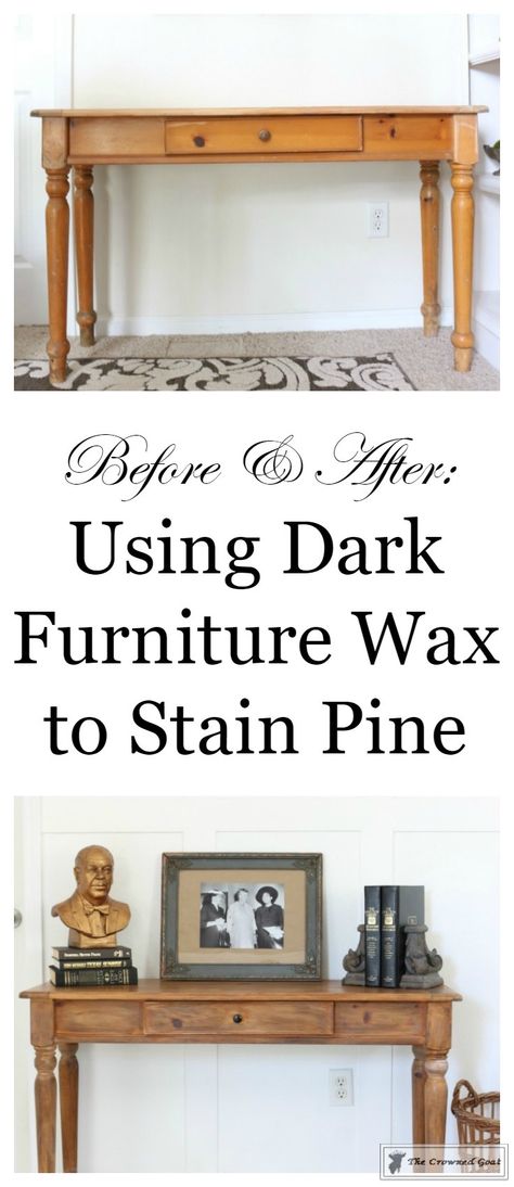 Using-Dark-Furniture-Wax-to-Cover-Orange-Pine-15-443x1024 Before & After Console Table: Using Dark Wax as a Stain DIY One_Room_Challenge Painted Furniture Pine Entry Table, Broyhill Console Table, Waxed Pine Furniture, Orange Furniture Bedroom, Dark Wax Over Stained Wood, Stained Pine Furniture, Pine Furniture Living Room, Staining Pine Furniture, Wood Bench Dining Table