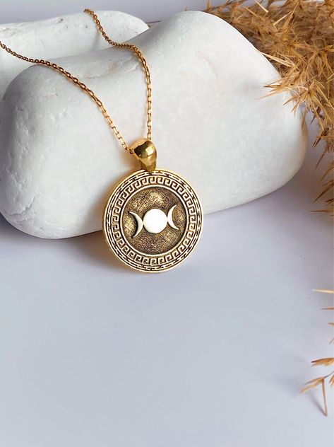 Triple Moon Necklace, Triple Goddess Jewelry, Triple Goddess Symbol, Triple Moon Symbol, The Triple Goddess, Greek Mythology Jewelry, Goddess Symbol, Moon Goddess Necklace, Waxing Moon