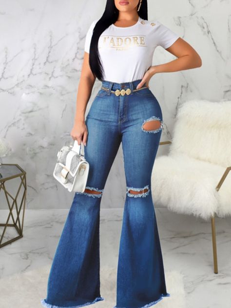 Ripped Jeans Women, Ripped Knee Jeans, Womens Flare Jeans, Best Jeans For Women, Looks Jeans, Womens Ripped Jeans, Bell Design, Jeans Material, Waist Jeans