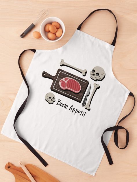 "Bone Appetit - Skull and Bones with a Steak - Halloween Kitchen" Apron for Sale by PrettyBananas Halloween Kitchen, Kitchen Aprons, Aprons For Sale, Skull And Bones, Bones, Steak, Apron, Halloween