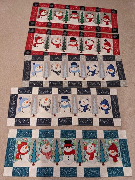 Customer Projects: In The Hoop Snowman Table Runners | Designs By JuJu Embroidery Blog! Snowman Table Runner Pattern, Snowman Table Runner, Applique Table Runner, Snowman Ideas, Snowman Embroidery, Machine Embroidery Designs Projects, Quilted Table Runners Christmas, Snowman Quilt, Designs By Juju