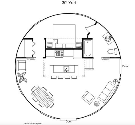 30' Yurt interior layout Yurt Living Floor Plans, 30ft Yurt Floor Plans, Yurt Home Floor Plans, Small Yurt Interior, Glamping Layout, Yurt Interior Ideas, Yurt Floor Plans 30', Yurt Interior Floor Plans, Yurts Interior