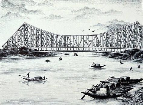 Kolkata Drawing, Kolkata City Drawing, Howrah Bridge Kolkata, Howrah Bridge, Pencil Sketches Landscape, Kolkata City, Bridge Drawing, Bengali Art, Bridge Painting