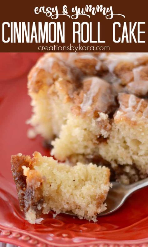 Pockets of cinnamon sugar and a vanilla glaze make this Cinnamon Roll Cake the perfect comfort food. Everyone loves this easy cake, especially served warm! #cinnamonrollcake #cinnamonbuncake #cinnamoncake #easycinnamoncake #cakerecipe -from Creations by Kara Healthy Cinnamon Roll, Cinnamon Bun Cake, Homemade Cinnamon Roll, Gooey Cake, Sour Cream Coffee Cake, Cinnamon Cake, Cake With Cream Cheese Frosting, Cinnamon Roll Cake, Vanilla Glaze