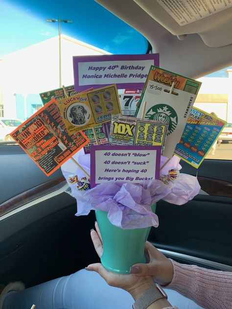 40 40th birthday bouquet money basket lotto tickets gift card purple gift celebrate 40th Birthday Gift Basket, 40th Birthday Gifts Diy, Lottery Ticket Bouquet, Bouquet Money, Lottery Ticket Gift, Gift Card Basket, Birthday Money Gifts, Gift Card Bouquet, Gift Card Presentation