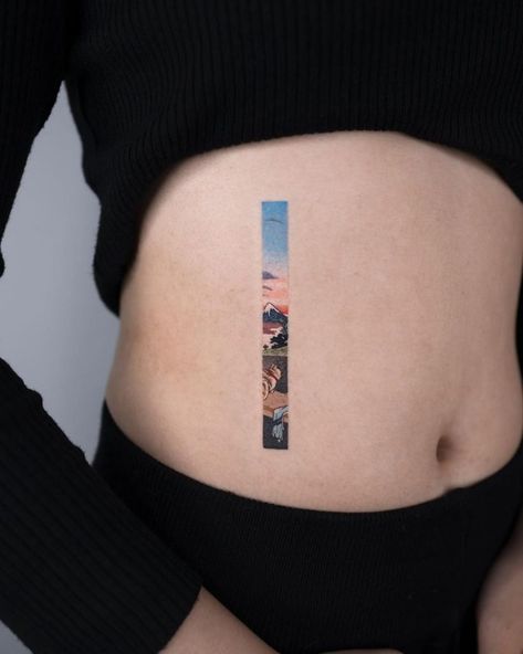 Vertical Tattoo, Small Colorful Tattoos, Korean Tattoo Artist, Unusual Tattoo, Sunset Tattoos, Framed Tattoo, Korean Tattoos, Ear Tattoos, Tattoo Techniques