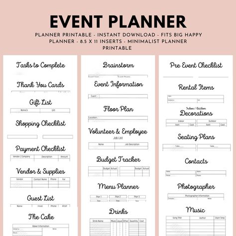 "Do you plan events for a living or just have an event coming up and looking for a printable event planner to help you plan all your events? Stop scrolling though Etsy and take a look at my Printable Event Planner. You could use this for a wedding, birthday party, anniversary, or any other event you need to plan for. This instant download comes with 23 pages filled with everything you need to plan the best event ever!  You will receive 1 pdf download that contains 23 pages, which are the followi Event Landscape Design, Event Planner Pricing Guide, Party Planner Price List, Event Planner Attire, Planning Events Organizations, Wedding Planning Office Design, Party Planner Business Names, Wedding Organizer Team, Event Planner Names Ideas