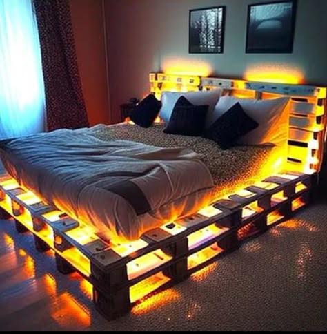 Pallet Bed Frame With Storage, Diy Pallet Bed Ideas, Pallet Bed With Lights, Pallet Bed Frame Diy, Pallet Room, Easy Shed, Wooden Pallet Beds, Pallet Bed Frame, Palette Furniture