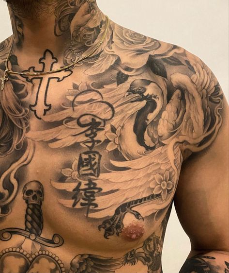 Chest Tattoo Stencils, Mens Body Tattoos, Rib Tattoos For Guys, Torso Tattoos, Gangsta Tattoos, Wrist Tattoos For Guys, Cool Chest Tattoos, Half Sleeve Tattoos For Guys, Chest Piece Tattoos