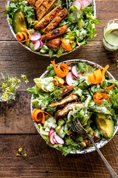 Crispy Buffalo Ranch Chicken Salad with Goddess Dressing | halfbakedharvest.com #buffalochicken #salad #healthy #dinner Ranch Chicken Salad, Dried Chives, Buffalo Ranch Chicken, Dried Dill, Buffalo Chicken Salad, Buffalo Ranch, Goddess Dressing, Dried Parsley, Ranch Recipe