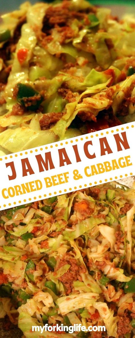 This corned beef and cabbage recipe is just in time for St. Patrick’s Day! This Jamaican take on the classic recipe is delicious. The cabbage is super tender while the smokey, salty meat adds an amazing flavor. It's easy to whip up quickly for any weeknight. Cabbage And Corn Beef Recipes, Jamaican Corned Beef, Canned Corned Beef And Cabbage Recipe, Corn Beef And Cabbage Recipe, Cornbeef Cabbage, Jamaican Cabbage Recipe, Caribbean Breakfast, Jerk Recipes, Jamaican Cabbage