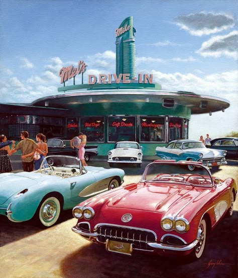 1950s 50s Aesthetic, 50's Diner, 50s Diner, Pompe A Essence, American Diner, Retro Diner, Yamagata, Cars Vintage, Rat Rods