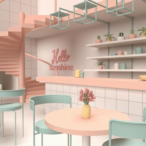 Pastel interior by 3D artist Anu Manohar Pastel Interior Design, Deco Pastel, Bakery Design Interior, Pastel Interior, Aesthetic Interior Design, Coffee Shop Interior Design, Cafe Shop Design, Coffee Shops Interior, Bakery Design