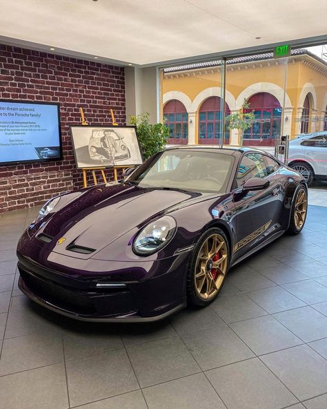 Porsche 992 GT3 on Instagram: “Presenting the world’s first known 992 GT3 Touring with full bi-color leather interior. With exterior painted in PTS Viola Metallic (3AE).…” Maroon Porsche, 992 Gt3 Touring, Gt3 Touring, 992 Gt3, Porsche 992, Gold Wheels, Top Car, Porsche Models, High Performance Cars